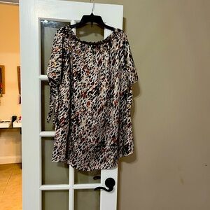 Leopard off shoulder dress/tie sleeves/colors of cream, black, cooper, gold